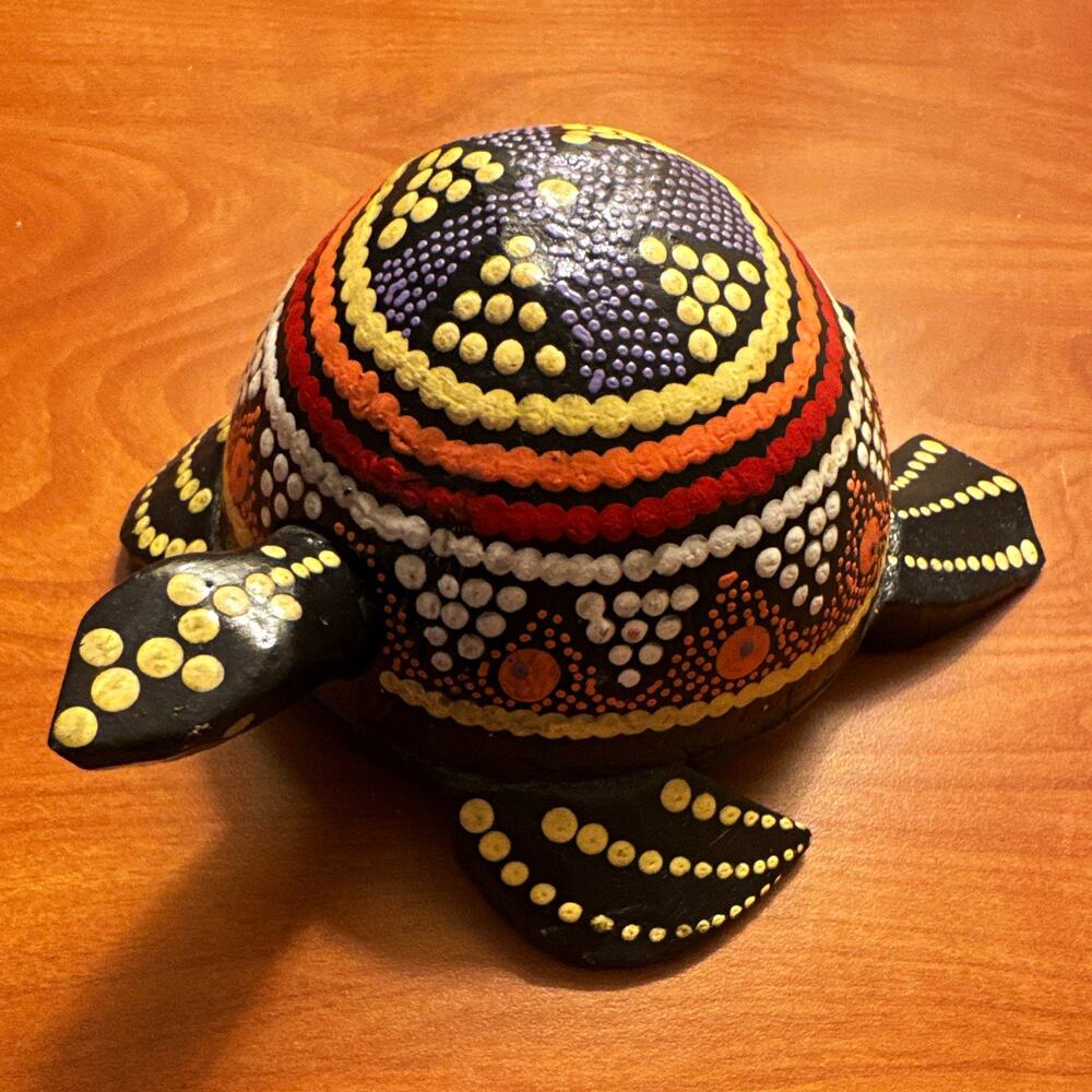Handmade Hand-Painted Wooden Turtle Figurine Bali Dot Pattern Art -bobble head